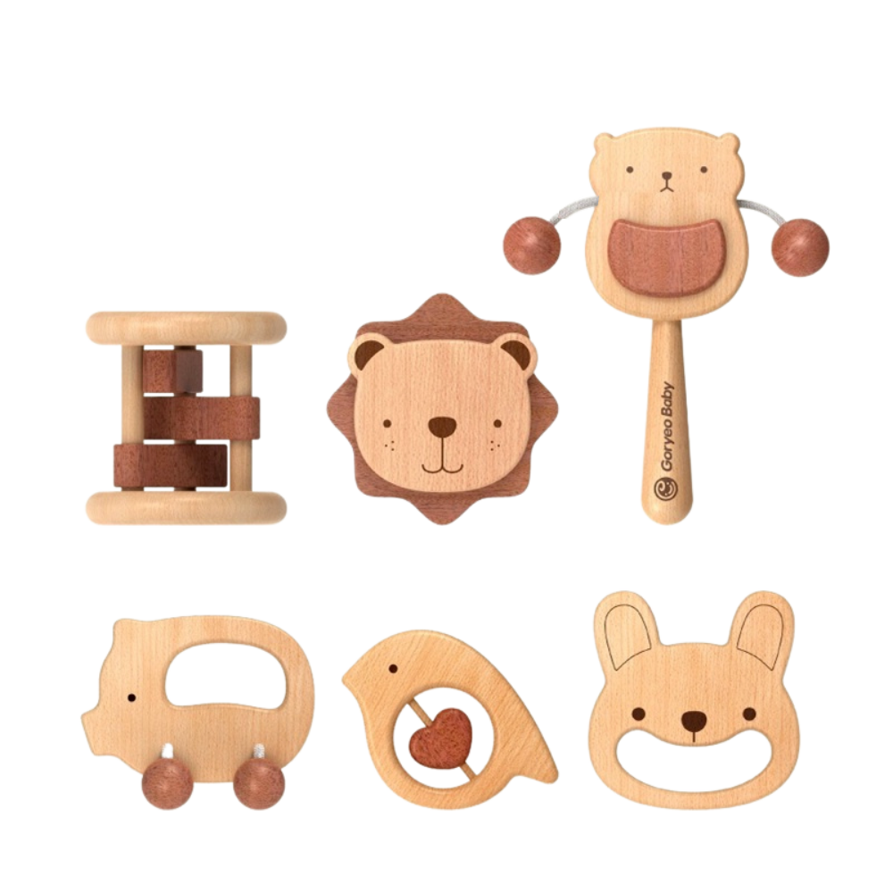 6 pcs Korean Style Wooden Teether Rattle Toy.